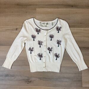 Anthropologie Field Flower Cream Tree Embroidered Cardigan | Size Small